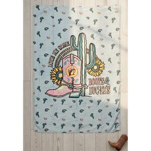 Buc-Ees Soft Western Cowboy Boots & Cactus Blanket 50x70 In